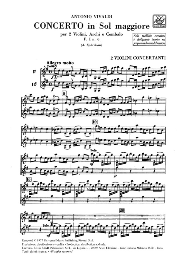 Concerti Per Vl., Archi E B.C.: Per 2 Vl. In Sol